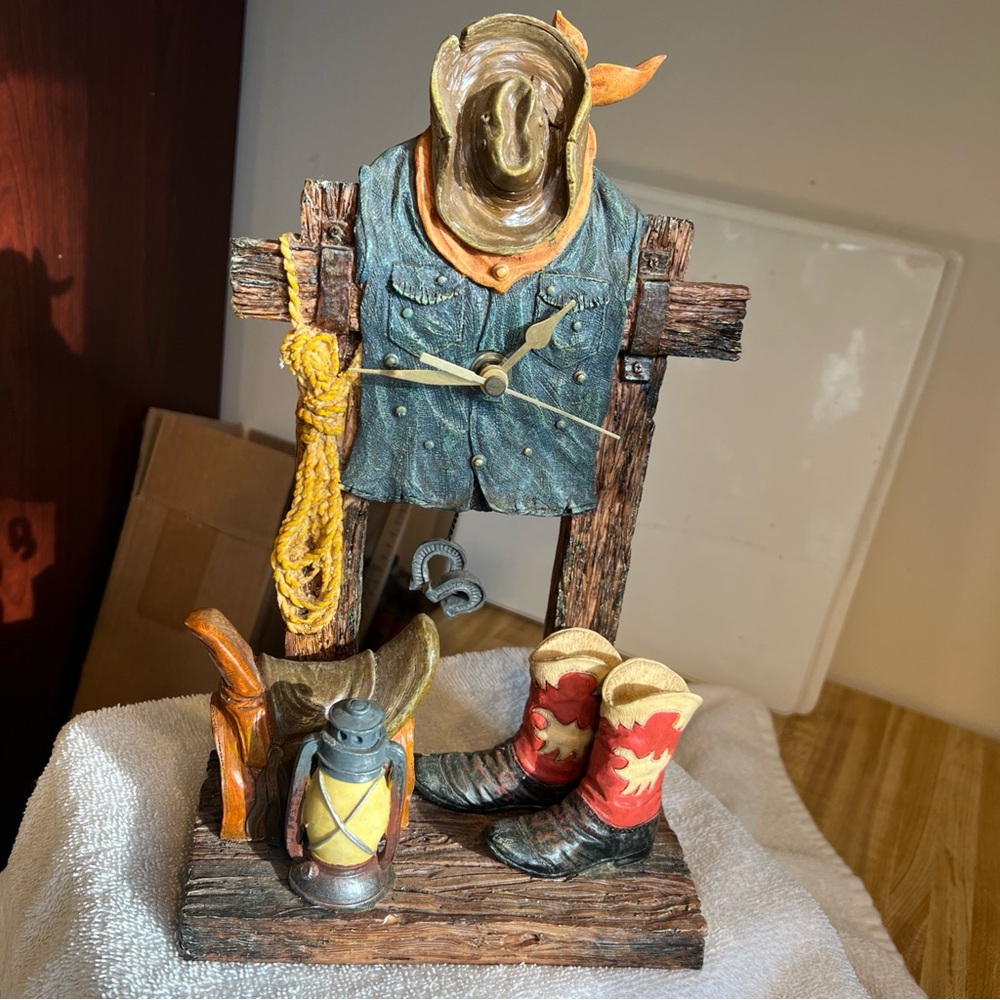 Vtg 12" Western Table Clock Cowboy Hat Boots Horse Saddle